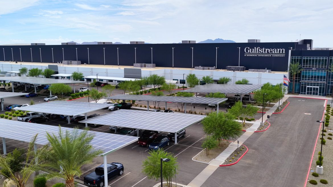 Gulfstream, Mesa Service Center, solar panels, LEED Gold, sustainability, renewable energy, Mark Burns, environmental footprint, BREEAM,